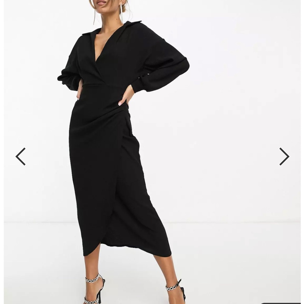 ASOS textured collared wrap midi dress in black